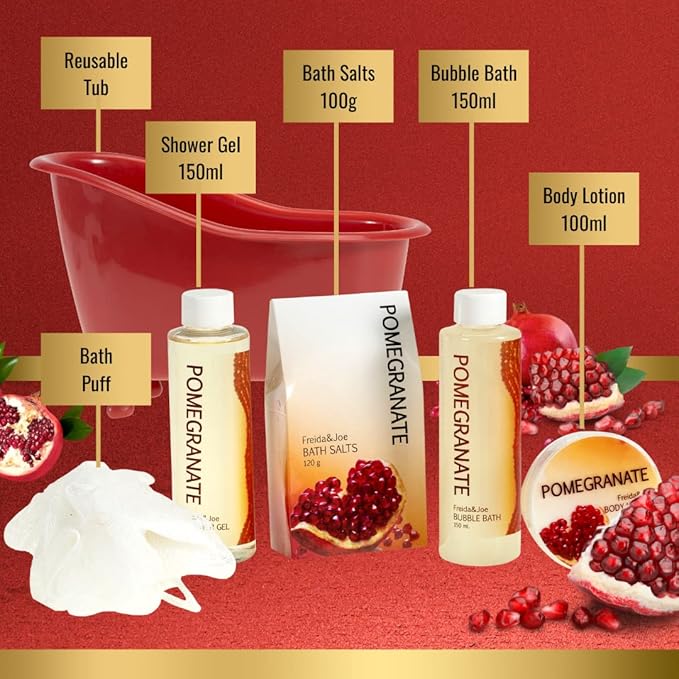Red Pomegranate Home Spa Bath Basket - Bath & Body Set For Women - Contains Shower Gel, Bubble Bath, Body Lotion, Pomegranate Bath Salt & Pouf in Red Tub Gift – Mother's Day Gift for Mom
