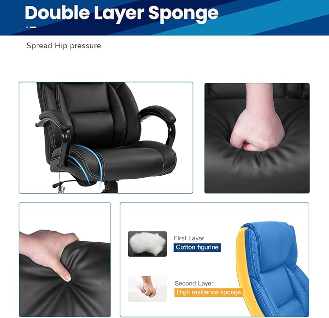 BestMassage Big and Tall Office Chair 500lbs Cheap Desk High Back PU Executive Ergonomic Computer Chair with Lumbar Support Headrest Swivel for Women Men Adults,Black