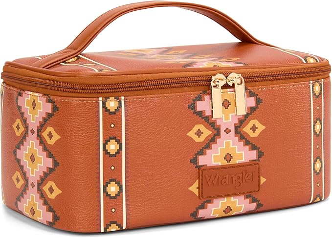 Montana West X Wrangler Travel Makeup Bag 2pcs Set Large Cosmetic Bag with Makeup Brush Holder Portable Make Up Organizer Cute Toiletry Bag with Divider and Handle for Women Aztec