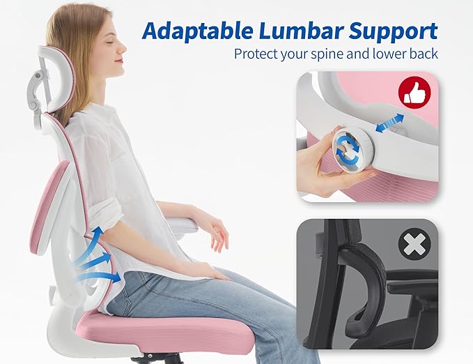 TRALT Ergonomic Office Chair - Desk Chair with Adjustable Headrest Lumbar Support Computer Chair - Mesh Comfy Chair with Flip-up Armrests - Gaming Chairs for Adults Home Office (Leather, Pink)