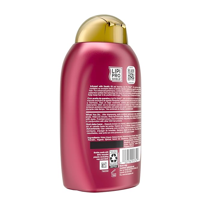 OGX Anti-Breakage + Keratin Oil Fortifying Anti-Frizz Conditioner for Damaged Hair & Split Ends, with Keratin Proteins & Argan Oil, Paraben-Free, Sulfate-Free Surfactants
