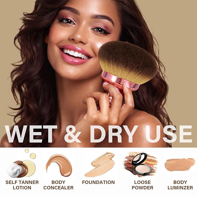 Extra Large Body Makeup Brush For Self Tanner, Leg Makeup &Bronzer Blend,3.6inch Wide-headed Kabuki Brush Provides More Even&Pretty Application, Oval Face&Back Makeup Brush, Wet&Dry Use-Pink Rose Gold