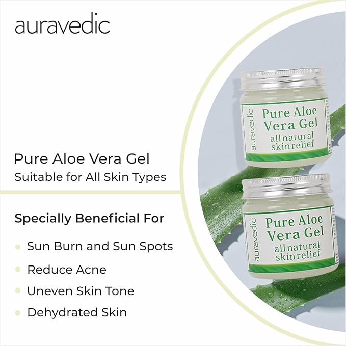 Auravedic Pure Aloe Vera Gel for Face, Body & Hair | Natural & Soothing Plant-Based Gel | Ideal for Daily Skincare, After-Sun Use & Hair Conditioning | Alcohol-Free | 7.05 Oz (200g)