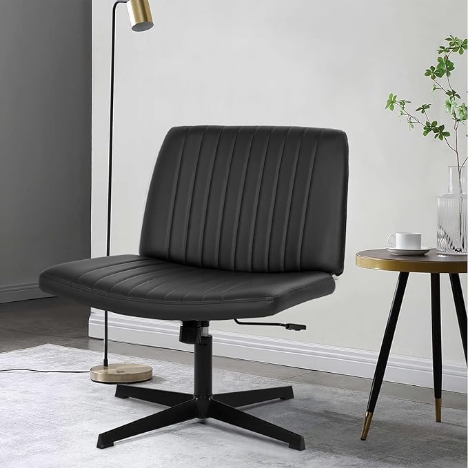 PayLessHere | Criss Cross Chair | Black | Wide, Armless Desk Chair Without Wheels | 360 Swivel, Height Adjustable & Stable Metal Base | for Office, Home Office, Vanity Seating