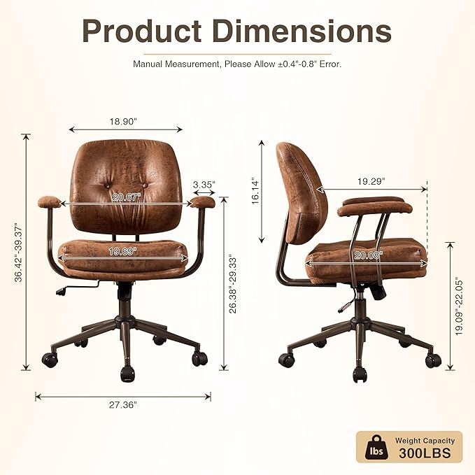 HOOOWOOO Ergonomic Office Chair,Mid Century Modern Computer Desk Chair,Comfy Executive Chair with Extra Wide Tufted Cloudy Seat Lumbar Support Rocking Back,Suede Leather Dark Brown