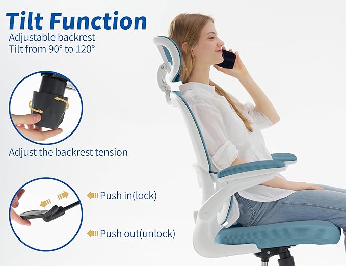 TRALT Ergonomic Office Chair - Desk Chair with Adjustable Headrest Lumbar Support Computer Chair - Mesh Comfy Chair with Flip-up Armrests - Gaming Chairs for Adults Home Office (PU Leather, Blue)