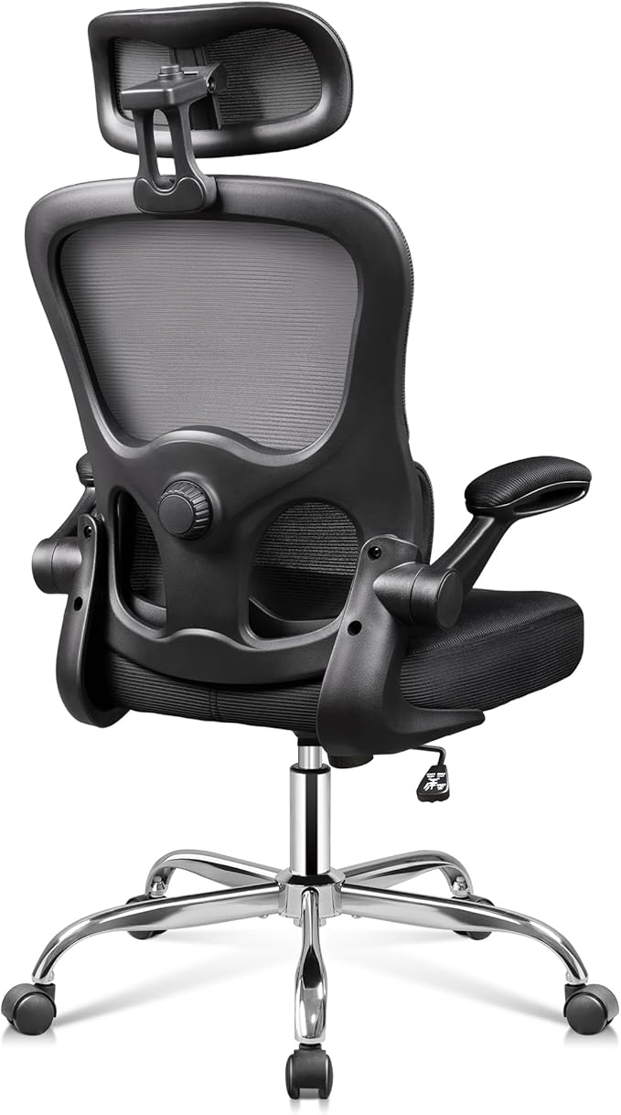 DEVAISE Ergonomic Mesh Desk Chair, Separated-Adjustable Lumbar Support，Large Cushion, Flip-up Armrests, 90-125° Rocking Tilt, for Home Office Computer Gaming, Black