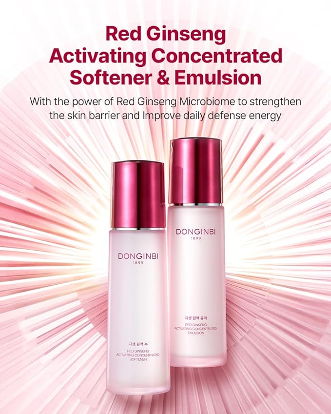 Donginbi Red Ginseng Activating Concentrated Set - Vegan Firming & Skin Barrier Repair Toner(4.4 floz) & Essence(4.4 floz), Moisturizer for Face, Korean Ginseng Skin Care Set Gifts for Women