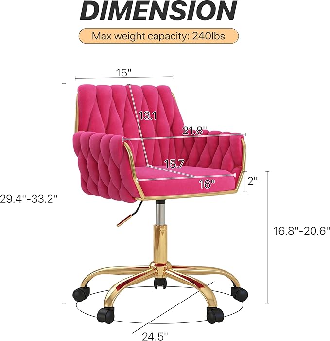 Velvet Home Office Chair, Modern Height-Adjustable Vanity Chair with Golden Base and Hand-Woven Backrest for Bedroom/Study/Vanity (Hot Pink)