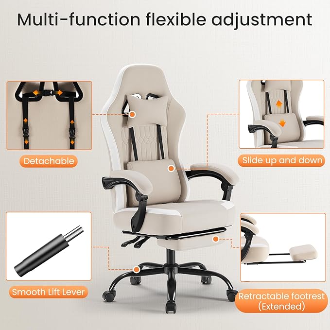NEWBULIG Gaming Chair with Footrest – High Back Ergonomic Computer Desk Chair with Lumbar Support, Headrest, Linkage Armrests, Reclining Office Chair with 360° Swivel & Height Adjustment, Khaki