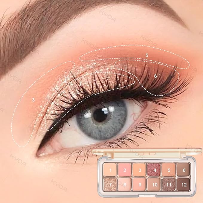 KYDA 12 Colors Peachy Cream Eyeshadow Palette with Brush, High Pigment Matte Shimmer Nude Eye Shadow, Netural Eyes Palette for Women, Soft Blendable Powder Eyeshadow, Korean Eyes Makeup