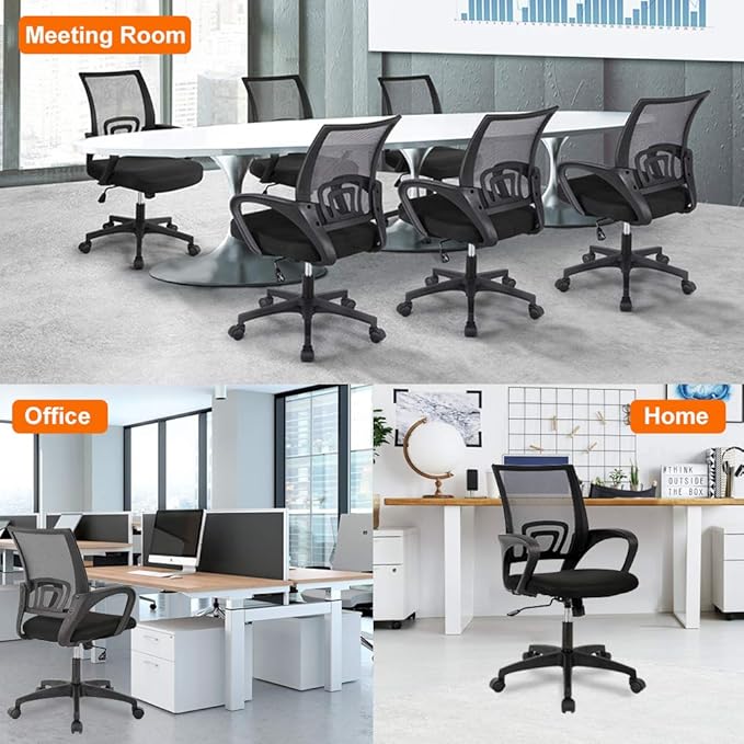 BestOffice | Ergonomic Office Chair | Mid-Back Swivel Desk Chair | Breathable Backrest & Lumbar Support | Adjustable Height | Sponge Seat | Rolling Wheels | Black | for Adults & Women