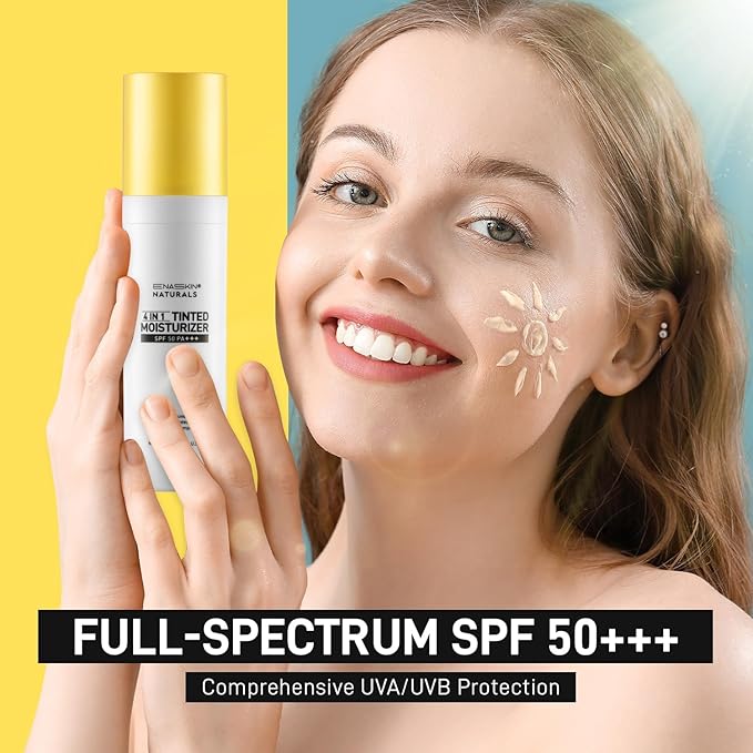 ENASKIN NATURALS 4-in-1 Tinted Moisturizer with SPF 50, Mineral Sunscreen & Primer with Zinc Oxide, Lightweight Skin Tint for Glowy Finish & Even Complexion, Universal Sheer Tint, 1.7 fl oz