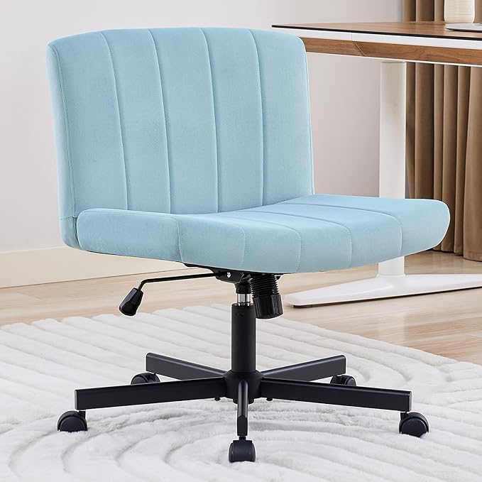 LukkDys Criss Cross Chair with Wheels, Wide Cross Legged Desk Chair, Comfy Fabric Vanity Chair for Home Office Bedroom, Adjustable Armless Swivel Task Chair with 90–115° Tilt, Pale Blue