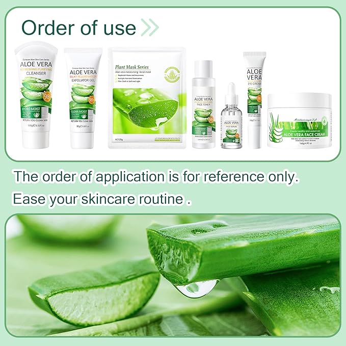 Aloe Vera Face Skincare Set,9 Pcs Aloe Vera Skin Care Set with Face Masks,Exfoliating Gel, Wash,Toner, Serum, Moisturizer Cream,Eye Cream,Moisturizing Skin Care Kit
