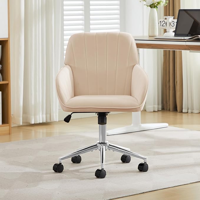 Velvet Home Office Desk Chair, Modern Cute Computer Task Chair with Back, Height Adjustable Upholstered Vanity Chair with Swivel Wheels for Women, Girls (Silver Base, Oatmeal