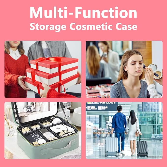 Makeup Bag with Led Mirror,Large Vanity Makeup Cases with 3 Color Setting,Portable Storage and Adjustable Dividers,for Women and Makeup Artists Cosmetic Organizer Travel Makeup Bag-Light Red
