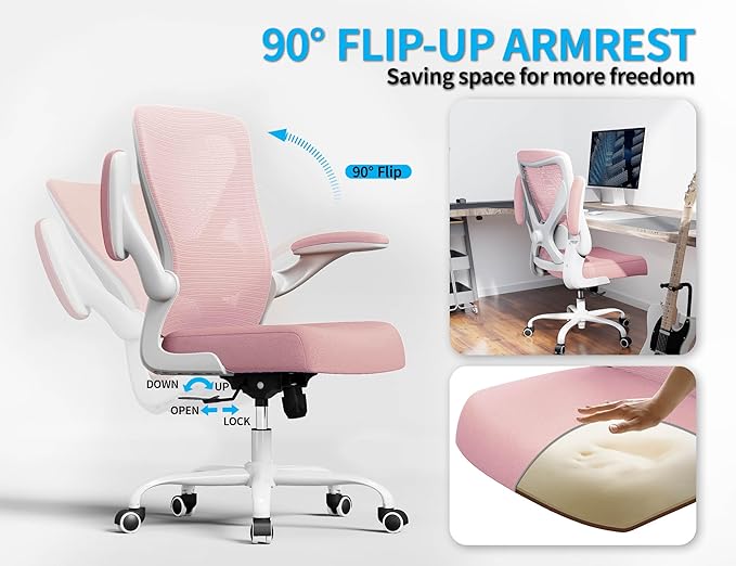 Office Chair Ergonomic Desk Chair Comfy: 330LBS Mesh Computer Chair Ergonomic Gaming Chairs with Wheels Adjustable Lumbar Support and Flip up Armrest-Swivel Executive Chairs Long Hours(Light Pink)