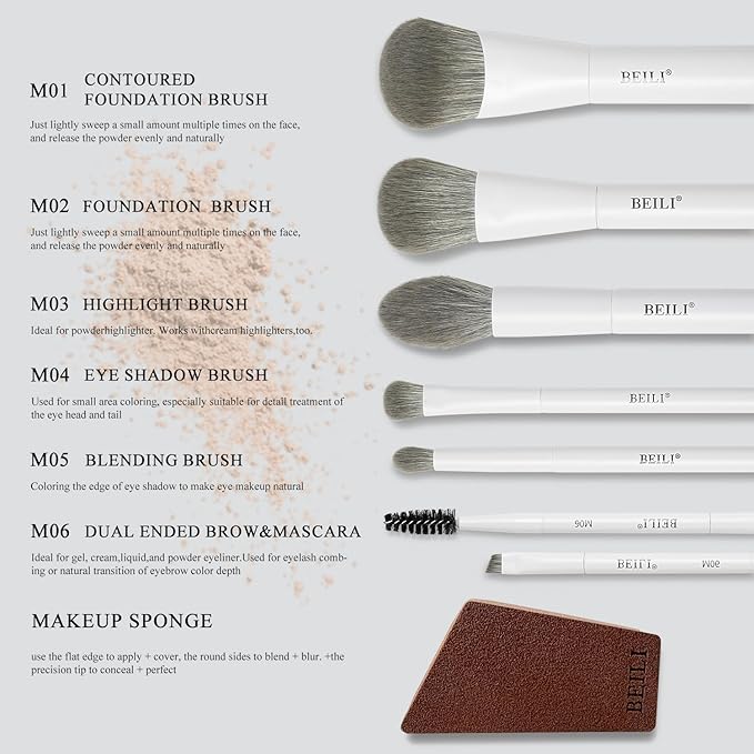 BEILI Mini 6Pcs Makeup Brush Set – Classic White, Professional Makeup Brushes for Foundation, Contour, Highlighter & Blending, Travel-Ready with Sponge