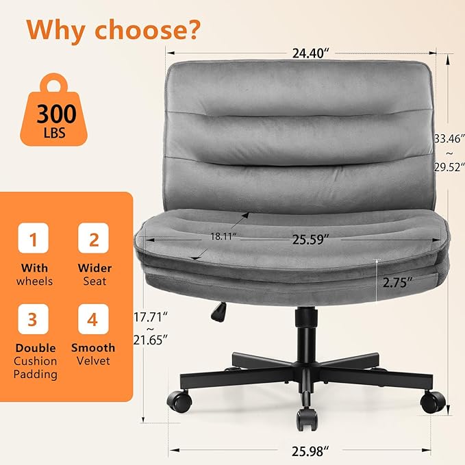 COMHOMA Criss Cross Chair with Wheels Armless Cross Legged Office Chair Wide Home Office Desk Chair Swivel Comfy Vanity Desk Chair Height Adjustable Mid Back Wide Seat Computer Task Chair