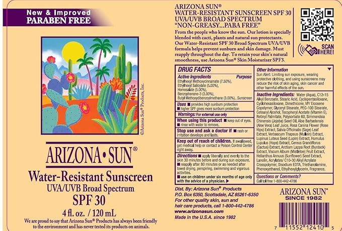 Arizona Sun Water Resistant Sunscreen SPF 30 – 4 oz -Total Sun Protection Lotion - Face and Body – Sunscreen