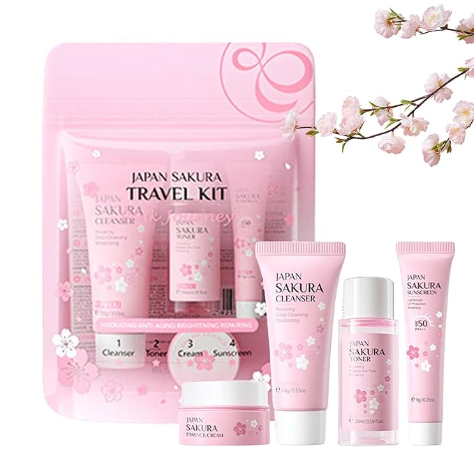 4pcs Travel Set Sakura Face Care Set,Gift Set with Cleanser,Toner,Face Cream,Sunscreen - Face Care Set for Teen Girls Beauty Products For Women