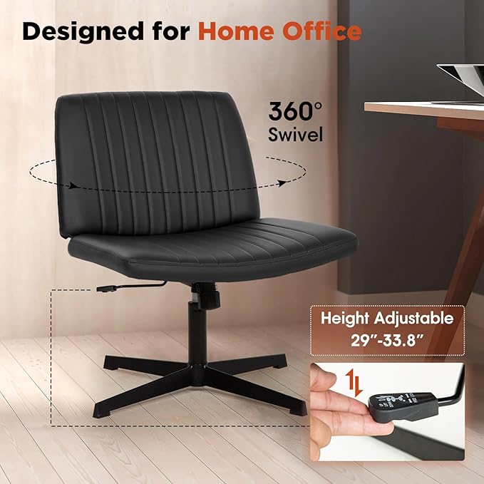 PayLessHere | Criss Cross Chair | Black | Wide, Armless Desk Chair Without Wheels | 360 Swivel, Height Adjustable & Stable Metal Base | for Office, Home Office, Vanity Seating