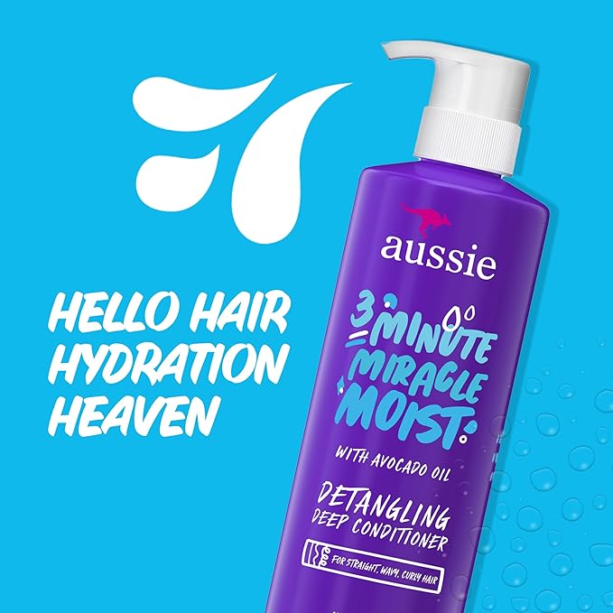Aussie 3 Minute Miracle Moist Deep Conditioner for Dry Hair, Avocado & Jojoba Oil, Safe for Color Treated Hair, Nourishing Hydration, Silky Shine, Paraben-Free, 16 Fl Oz Each (Pack of 6)