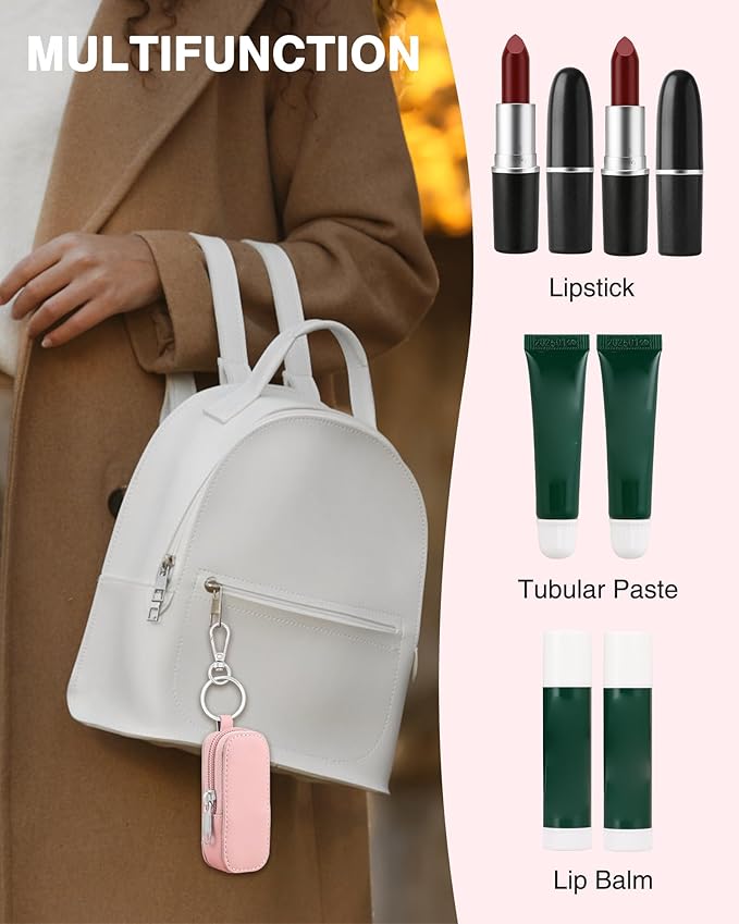 Lip Balm Holder Chapstick Holder Keychain Fashion Pu Leather Lipstick Pouch Lip Gloss Holder With Hook (Pink)