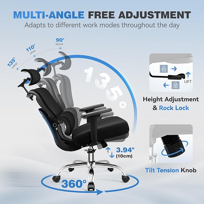Ergonomic Office Chair, High Back Mesh Desk Chairs Comfy with Adjustable Lumbar Support, Home Computer Gaming Chair with 3D Headrest for Long Hours, 2 Pack