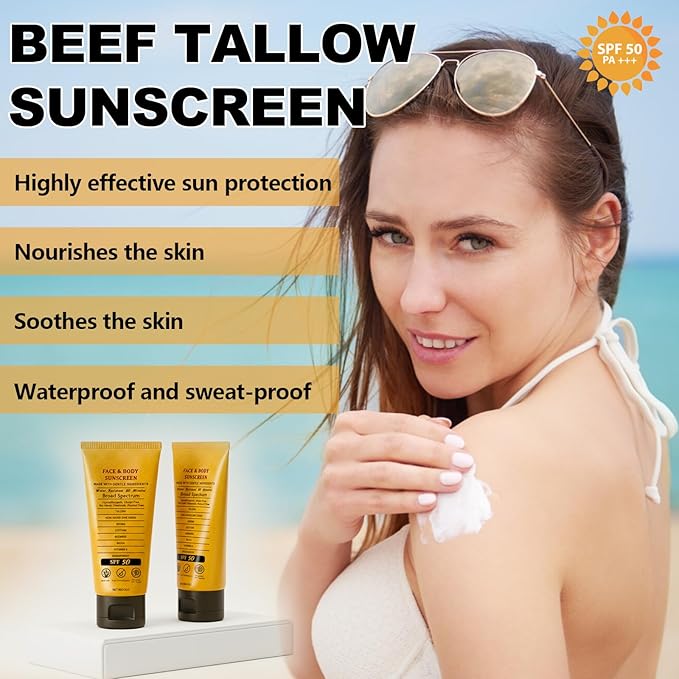 2pcs Beef Tallow Sunscreen with Zinc Oxide Reef Safe Sunscreen SPF 50,Non-Greasy Beef Tallow Sunscree Natural Organic Formula for Body Facial,Women and Men(85g/count)