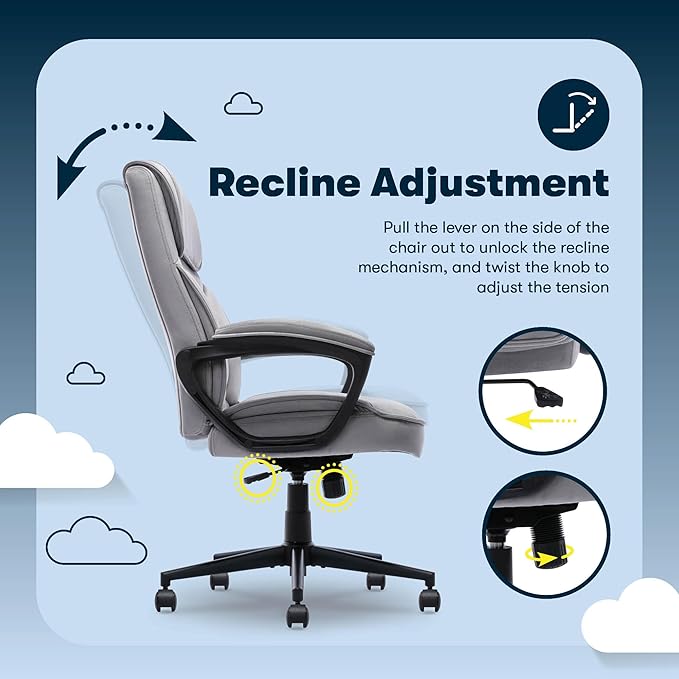Serta Comfort Classic Executive Office Chair, Ergonomic Mid-Back Computer DeskChair with Lumbar Support, Semi-Plush Cushion and Body Pillows, Padded Armrests, Swivel Base, Gray Velvet Fabric