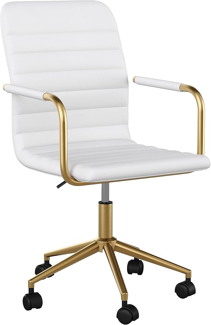Martha Stewart Taytum Swivel Task Chair with Armrests for Home Office in White Faux Leather with Polished Brass Frame