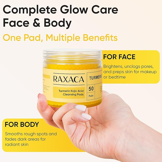 Kojic Acid Turmeric Exfoliating Cleansing Pads with Vitamin C in Cotton Pads, Dark Spots Remover & Deep Clean Pores for Face - 50 Pcs.