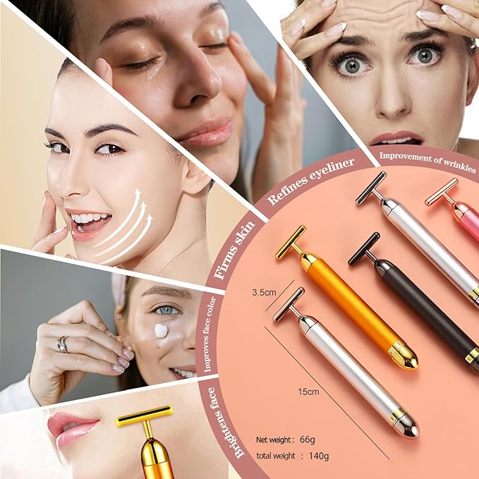 Beauty Bar 24K Gold Facial Massager - Face T Shape Tool for Skin Care Tightening with Ergonomic Design (Pink)