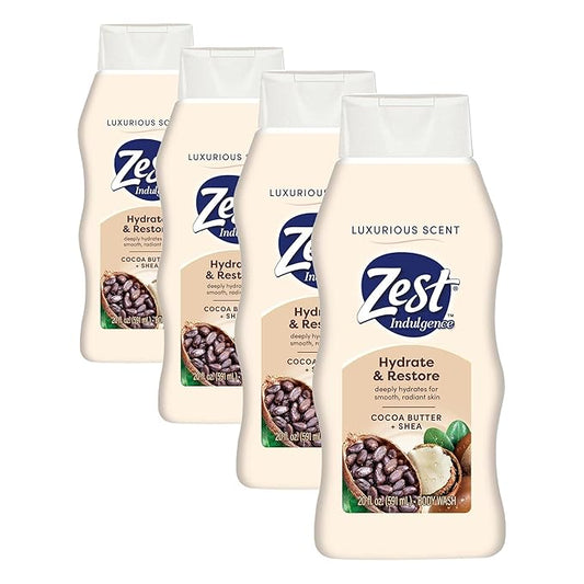 Zest Body Wash - Enriched with Wild Cocoa Butter and Shea - Hydrating Body Soap - Suitable for All Skin Types - Cocoa Butter and Shea - 20 oz (Pack of 4)