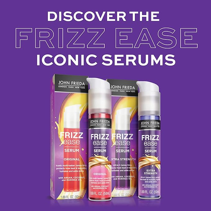 John Frieda Frizz Ease Original Hair Serum, Protecting Against Frizz, Heat, and Humidity While Adding Shine, Smooths Strands and Hydrates Parched Hair with Argan, Coconut, and Moringa Oil, 1.69 Oz