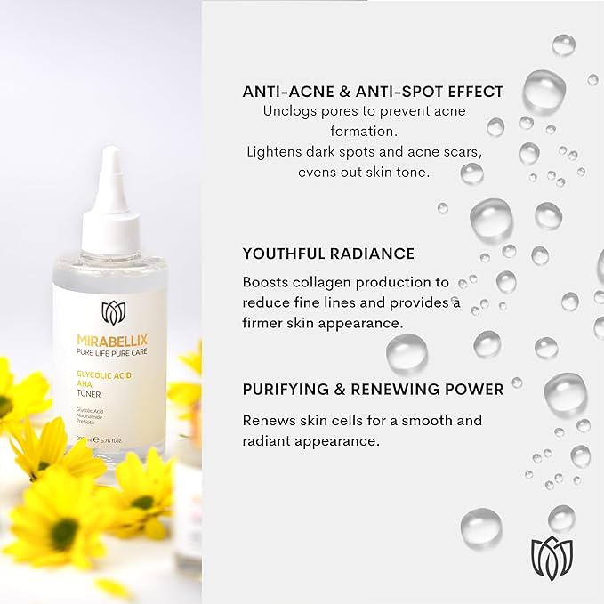 Glycolic Acid AHA Toner 200ml - Exfoliating Face Toner with Niacinamide, Prebiotics & Witch Hazel Water for Oily, Combination, and Blemish-Prone Skin - Brightens, Smooths, and Tightens Skin