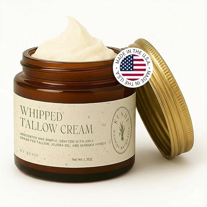 KUSHI Grass-Fed Whipped Tallow Cream Moisturizer for Face & Body – Organic Unscented – Vitamins A, D, E, K – Paraben & Sulfate Free, All-Natural Skin Care – 1.3oz