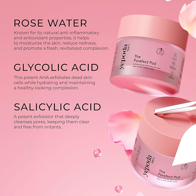 Yepoda The Porefect Pad, Exfoliating Rose Water AHA, BHA & PHA Toner Pads, Gently exfoliating & Pore Refining, Vegan Korean Toner-Pads for All Skin Types, 4.05 FL. OZ. (120 mL) / 60 Pads