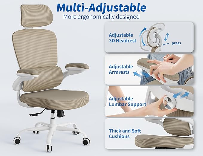 TRALT Ergonomic Office Chair - Desk Chair with Adjustable Headrest Lumbar Support Computer Chair - Mesh Comfy Chair with Flip-up Armrests - Gaming Chairs for Adults Home Office (PU Leather,Khaki)
