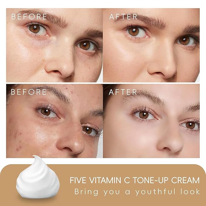 Five Vitamin C Tone-Up Cream, NEW Lightweight Long Lasting Hydrating Skincare Makeup Cream, Face Daily Moisturizer for All Skin Types (1PC)