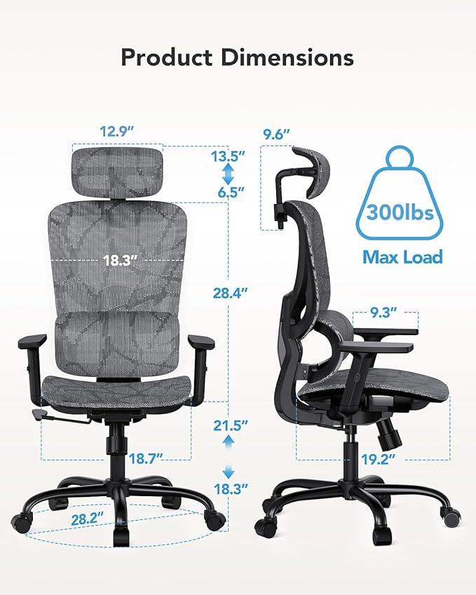 HUANUO Ergonomic Mesh Office Chair with 5-Level Lumbar Support, Computer Gaming Chair with Adjustable Headrest & Armrests, Rocking Tilt, Comfortable High Back Desk Chair for Home Office,6 Pack
