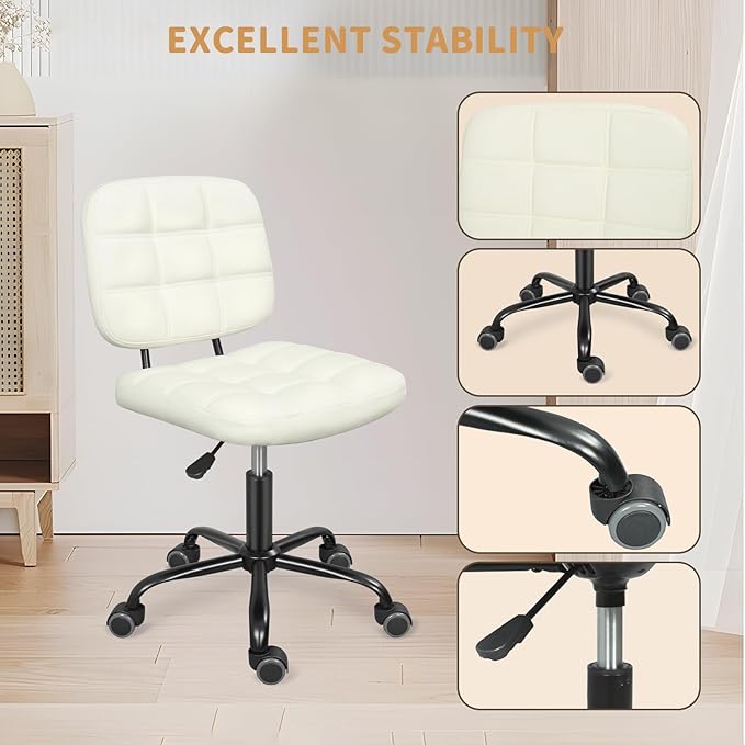 Armless Home Office Desk Chair with Wheels, Modern Ergonomic Drafting Rolling Chair with 360° Swivel Wheels,Height Adjustable Computer Task Chairs for Small Space, White