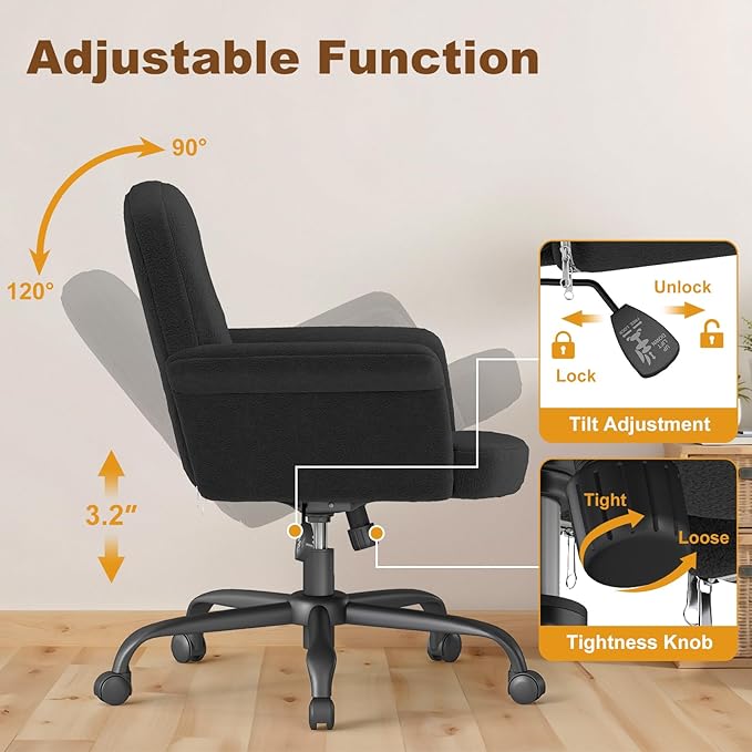 Comfy Home Office Desk Chair, Upholstered Fuzzy Vanity Chair with Wheels and Arms, Modern Adjustable Swivel Computer Seat for Living Room, Bedroom, Make Up, Home Office, Teddy Fleece, Black