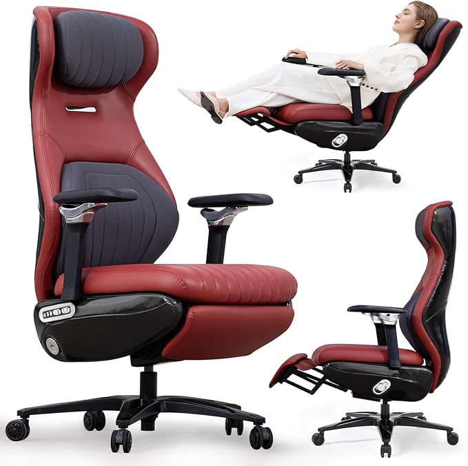 EMIAH GT100 Electric Ergonomic Office Chair with Foot Rest, Sustainable Leather Reclining High Back Desk Chair with Adjustable Headrest, 8D Coordinated Armrests Computer Chair with Lumbar Support（Red）