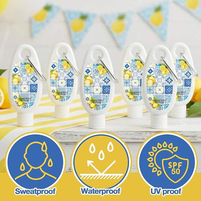 Leelosp 30 Pcs Lemon Mini Sunscreen with Carabiner Bulk for Baby Shower Travel Size 1 Fl. Oz. SPF 30 Water Resistant Mini Lemon Favors Gifts for Bridal Shower Birthday Wedding Parties for Guests