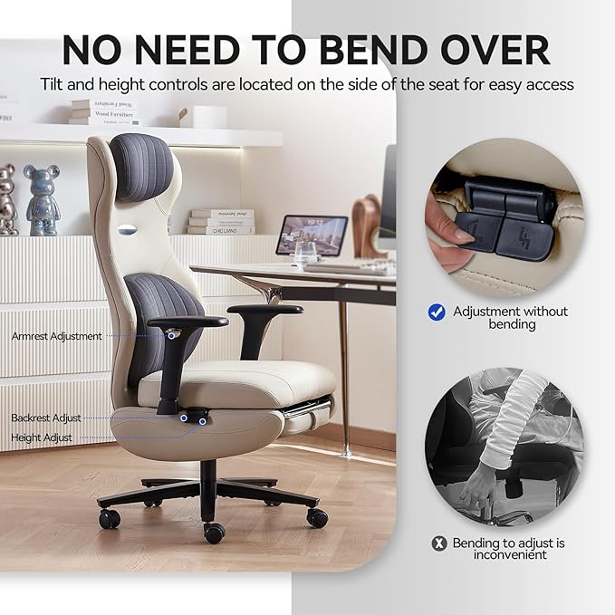 EMIAH Ergonomic Office Chair with Foot Rest Reclining Office Chair with Adjustable Arms and Headrest High Back Gaming Chair with Lumbar Support, PU Leather(Beige)