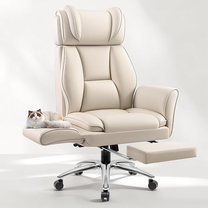 Big and Tall Office Chair, Flip Armrests for Pets & Cross Legged Sitting, Ergonomic Leather Executive Desk Chair with Foot Rest, High-Back Reclining Computer Chairs for Office Home Game - Beige