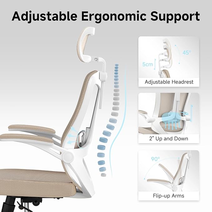 Ergonomic Office Chair with Adjustable Lumbar Support & Flip-Up Armrests - High Back Computer Desk Chair with Thickened Seat Cushion, Rolling Wheels for Home/Office Study Work (07khaki)
